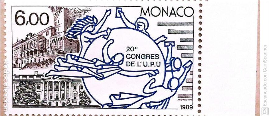 Sellos: M&oacute;naco. 1702 Congreso U.P.U.: Logo. 1989. Sellos nuevos y numeraci&oacute;n Yvert.