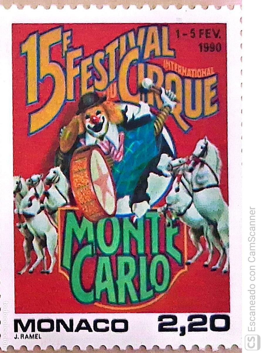 Sellos: M&oacute;naco. 1703 Festival internacional del Circo: Clow, m&uacute;sico y caballos. 1989. Sellos nuevos y numera