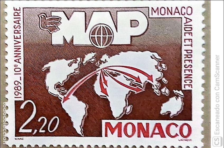 Sellos: M&oacute;naco. 1704 Aniversario de la asociaci&oacute;n humanitaria M.A.P M&oacute;naco, Ayuda y Presencia): Planisferio