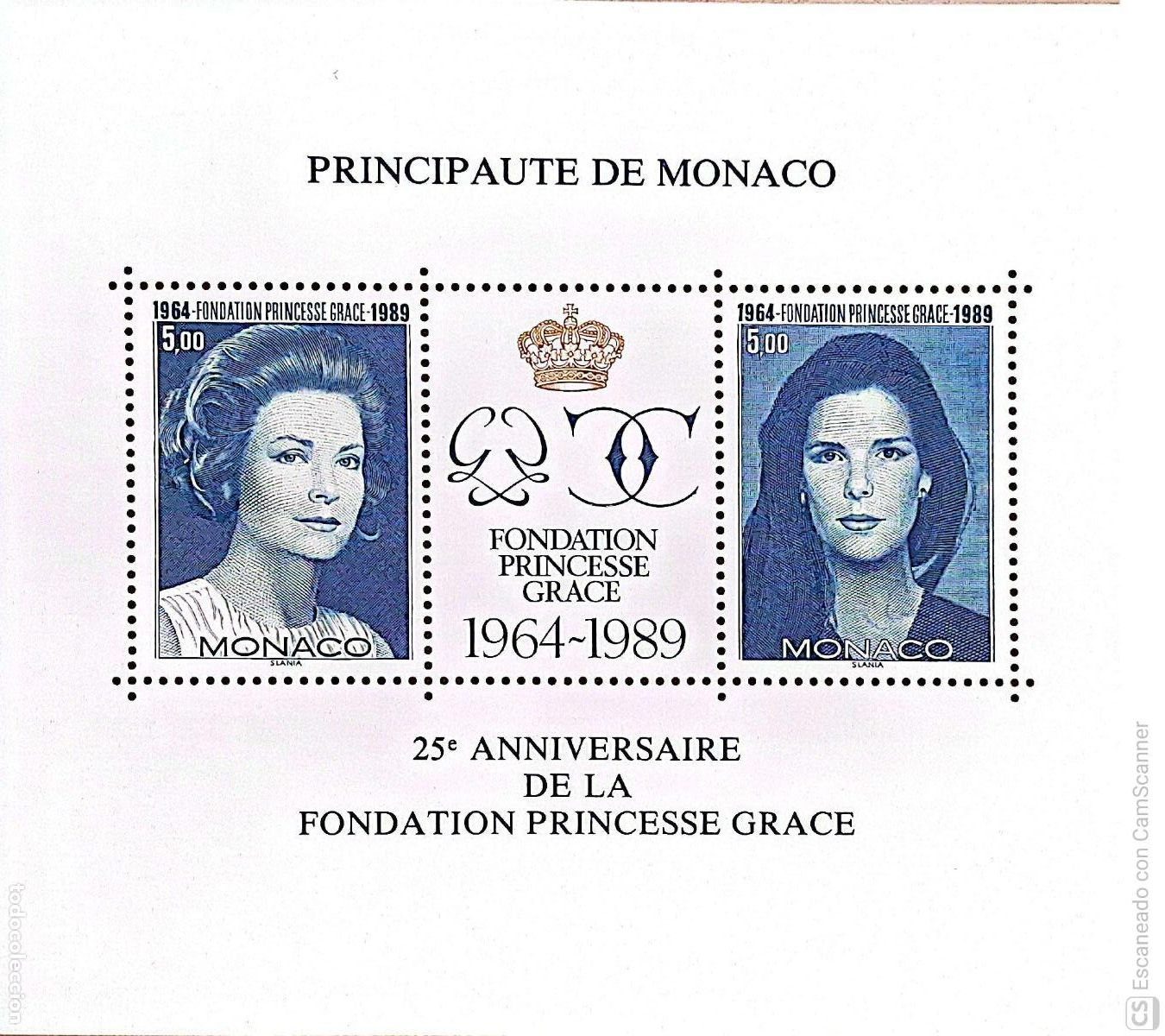 Sellos: M&oacute;naco. HB 48 25&ordm; Aniversario de la Fundaci&oacute;n Princesa Grace: Efigies principescas. 1989. Sellos nue