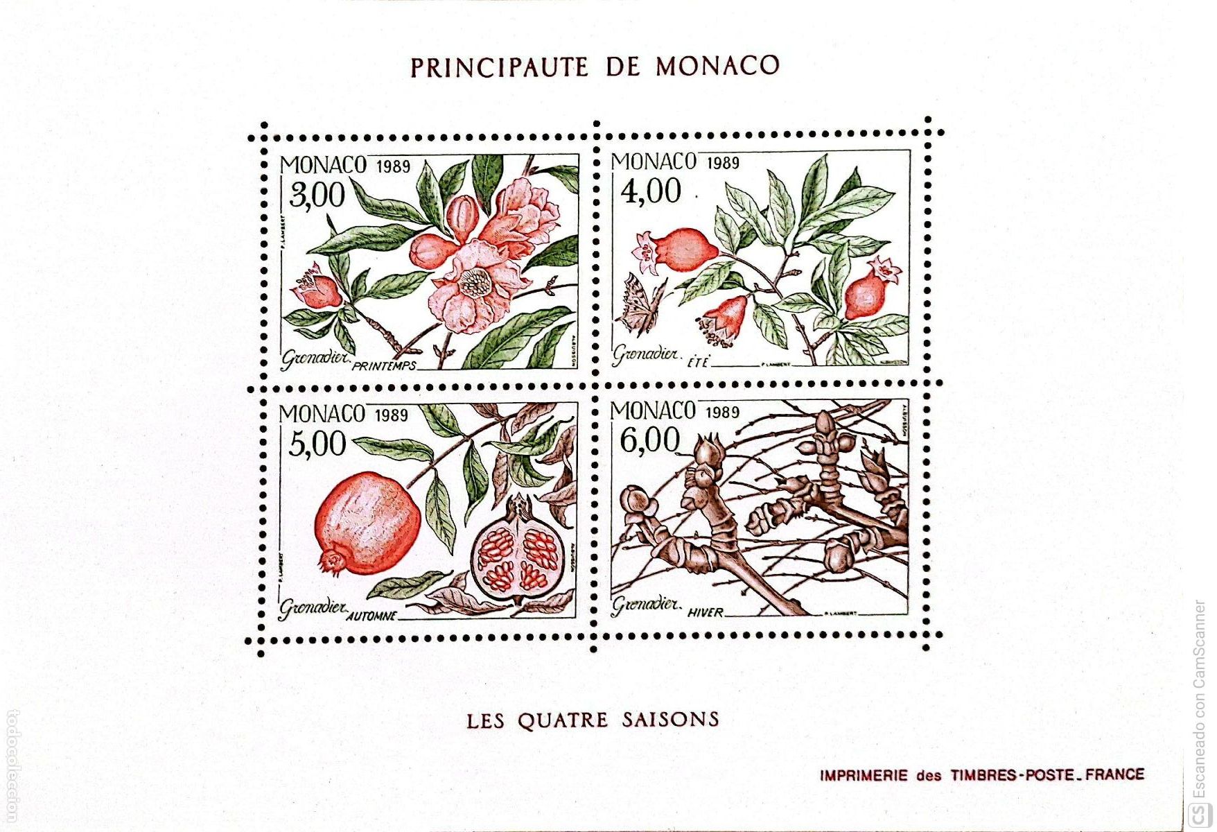 Sellos: M&oacute;naco. HB 44 Las cuatro estaciones del granado. 1989. Sellos nuevos y numeraci&oacute;n Yvert.