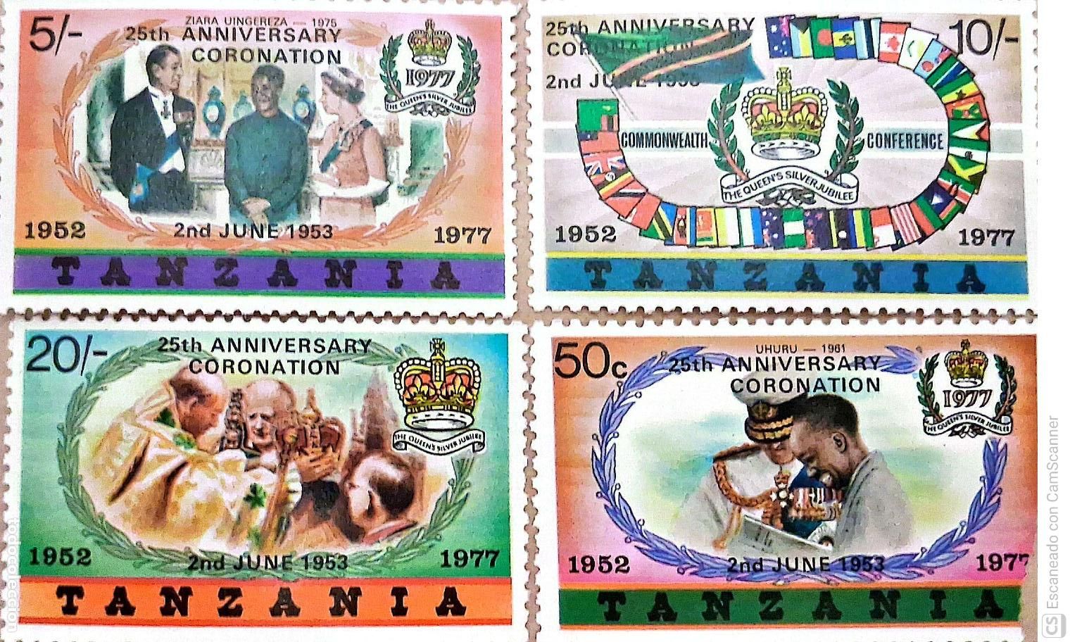 Sellos: Tanzania. 97/100 25&ordm; Aniversario de la coronaci&oacute;n de su Majestad Elizabeth II, sellos de 1977 con so
