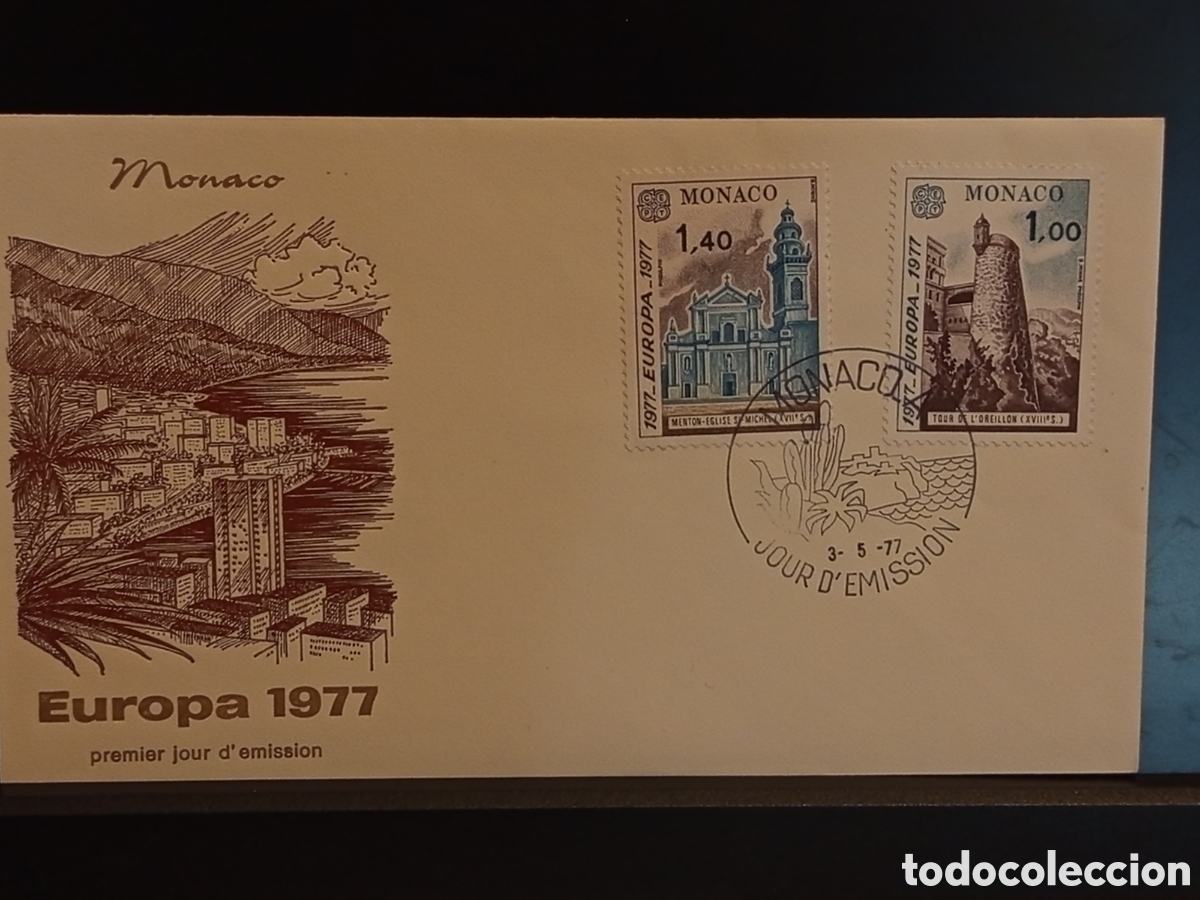 Sellos: &rdquo;FDC M&oacute;naco 1977 - Europa CEPT - Menton & Tour Oreillon - Jour d'Emission&rdquo;