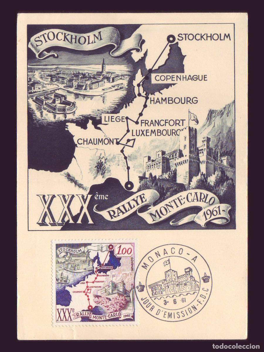 Sellos: Monaco 1961 - FDC Tarjeta Postal - 30&ordm; Rally de Montecarlo - Yvert 556 / Michel 666