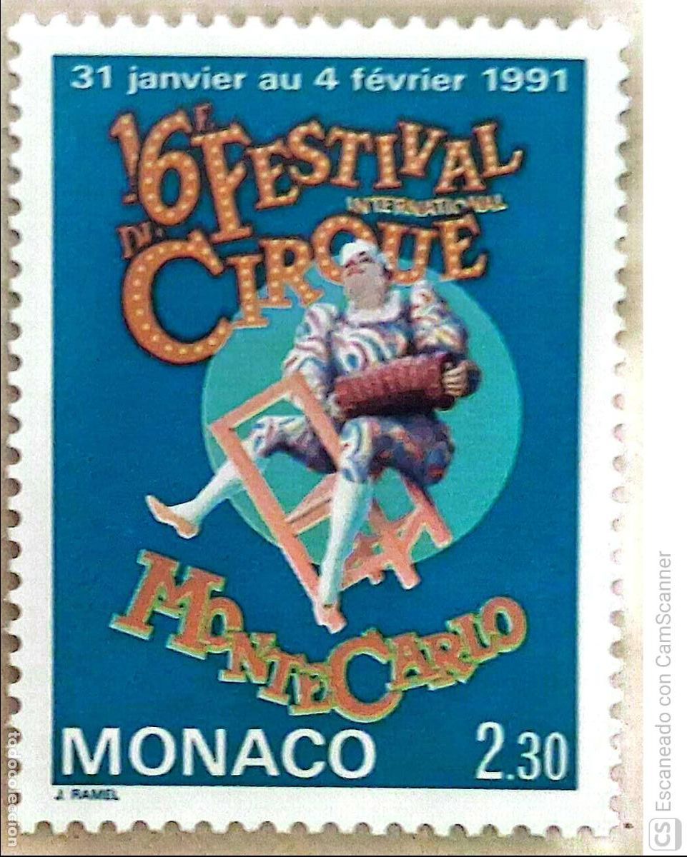 Sellos: M&oacute;naco. 1753 Festival internacional del Circo: Payaso jugando. 1991. Sellos nuevos y numeraci&oacute;n Yver