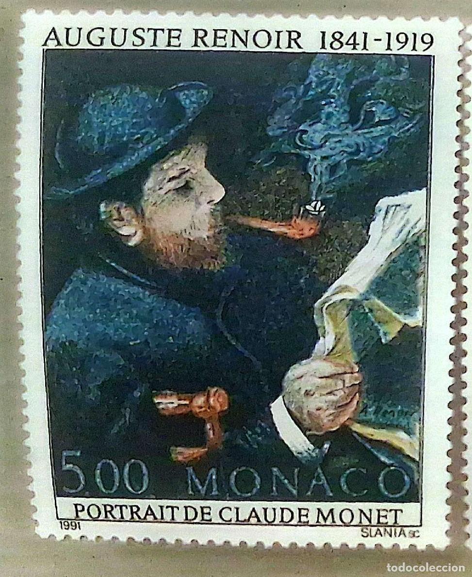 Sellos: M&oacute;naco. 1789 Aniversario nacimiento de Renoir. Retrato de Claude Monet, por Renoir. 1991. Sellos nue
