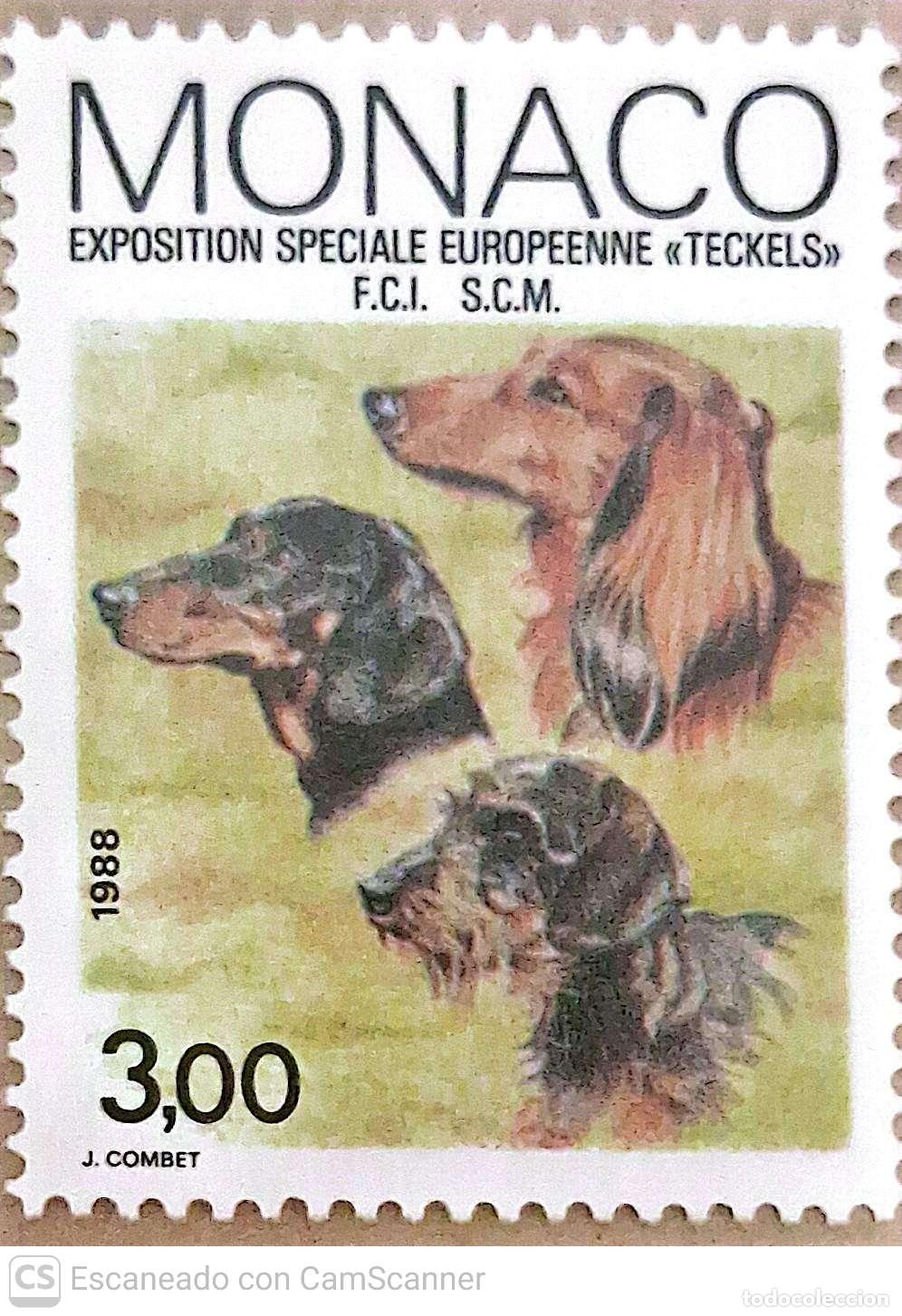 Sellos: M&oacute;naco. 1624 Exposici&oacute;n canina: cabezas de Teckels. 1988. Sellos nuevos y numeraci&oacute;n Yvert.