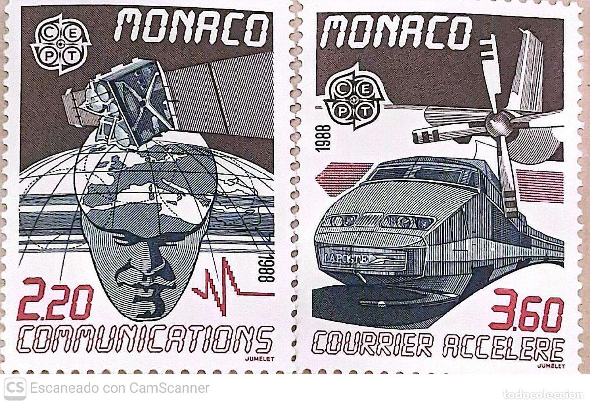 Sellos: M&oacute;naco. 1626/27 Europa-Cept: Transportes y comunicaciones: Sat&eacute;lite y Avi&oacute;n. 1988. Sellos nuevos y n