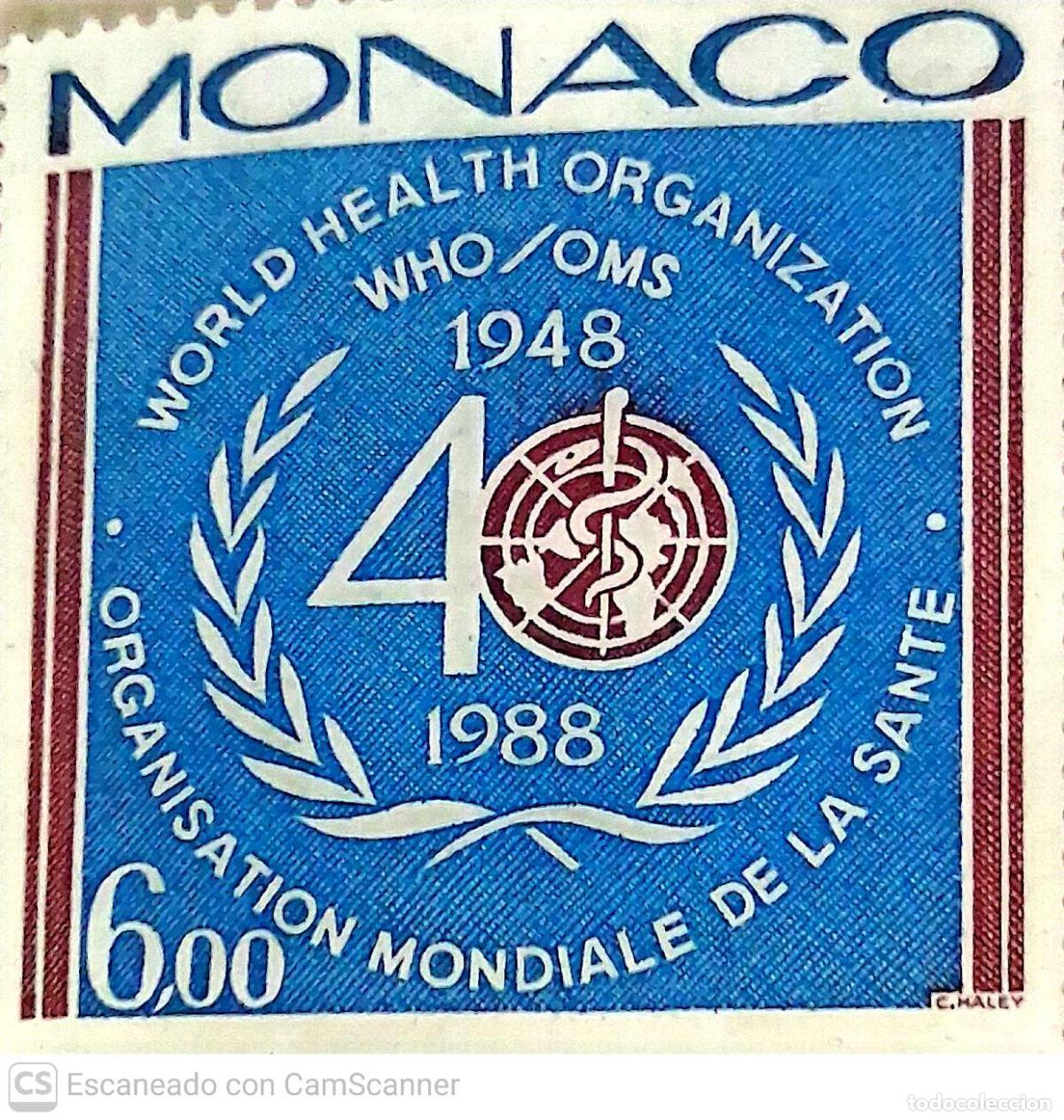 Sellos: Monaco. 1636 Aniversario OMS (Organizaci&oacute;n Mundial de la Salud). Emblema y n&uacute;mero 40. 1988. Sellos n