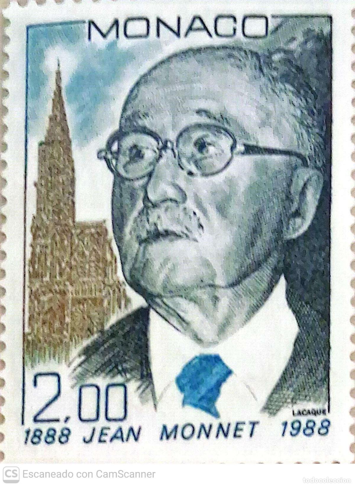 Sellos: M&oacute;naco. 1638 Centenario del nacimiento de Jean Monnet: Retrato del Padre de Europa. 1988. Sellos nue