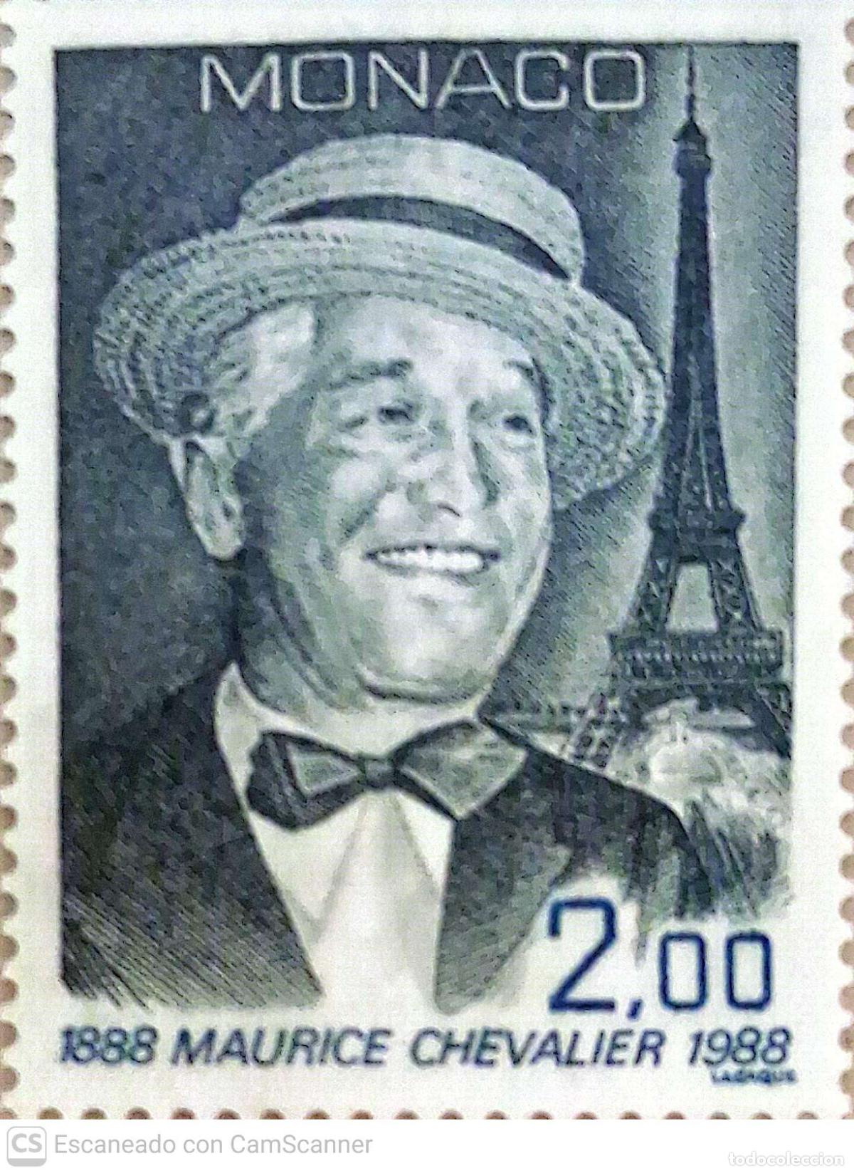 Sellos: M&oacute;naco. 1639 Centenario del nacimiento de Maurice Chevalier: retrato y torre Eiffel. 1988. Sellos nu