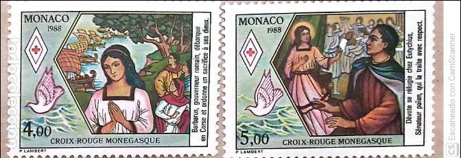 Sellos: M&oacute;naco. 1649/50 Cruz Roja monegasca: Vida de Santa Devota. 1988. Sellos nuevos y numeraci&oacute;n Yvert.