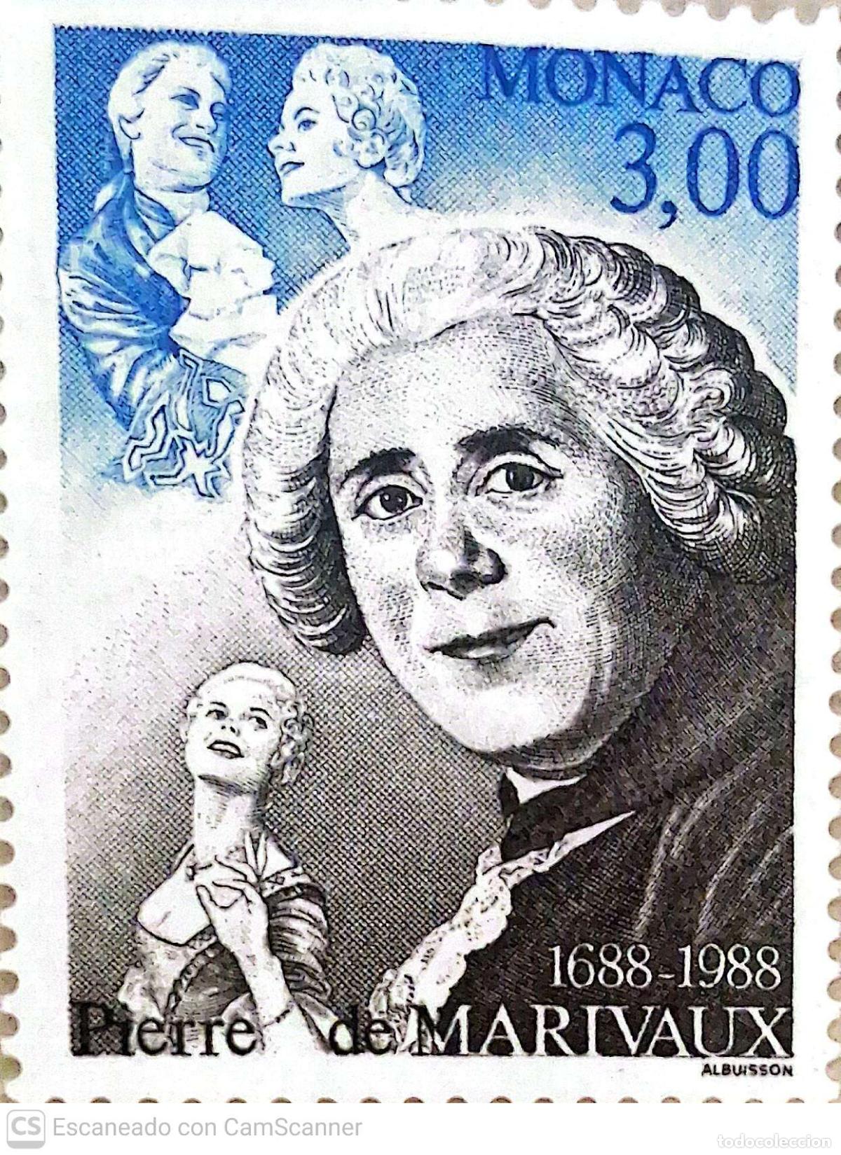 Sellos: M&oacute;naco. 1656 Pierre de Marivaux, escritor. 1988. Sellos nuevos y numeraci&oacute;n Yvert.