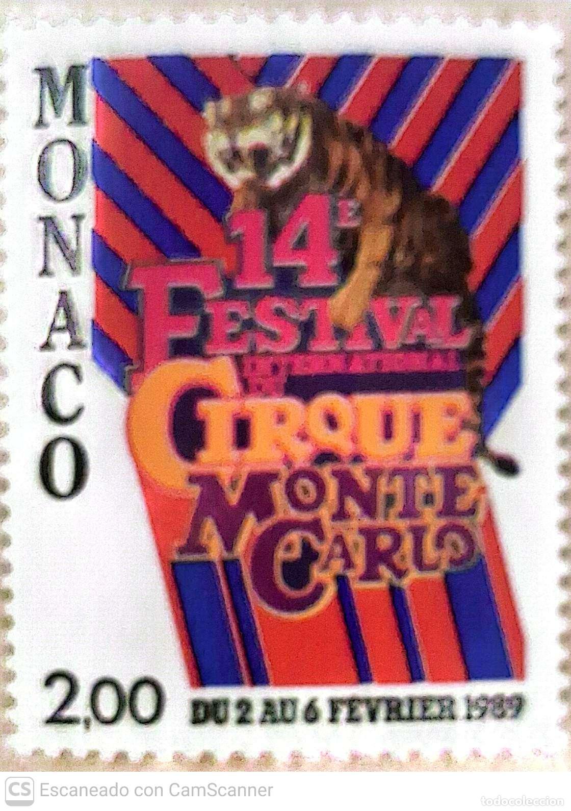 Sellos: M&oacute;naco. 1659 Festival internacional del circo: Composici&oacute;n con tigre. 1988. Sellos nuevos y numeraci