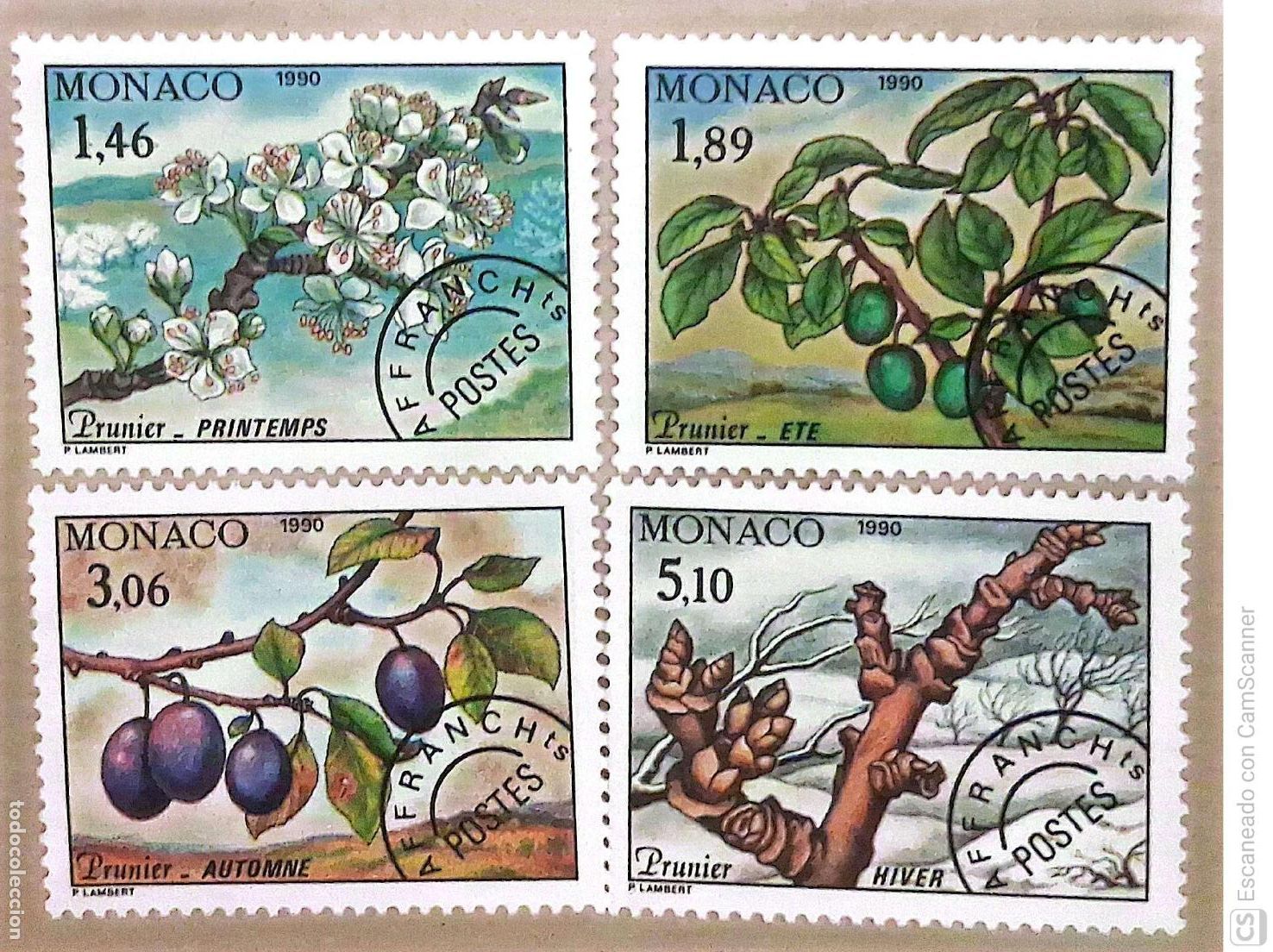 Sellos: M&oacute;naco. Preobliterados 106/09 Las cuatro estaciones del ciruelo. 1990. Sellos nuevos y numeraci&oacute;n Yv