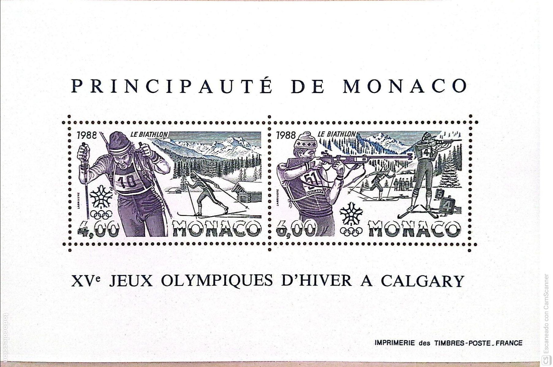 Sellos: Monaco. HB 40 JJ. OO. Calgary 1988: Esqu&iacute;, tiro. 1988. Sellos nuevos y numeraci&oacute;n Yvert.