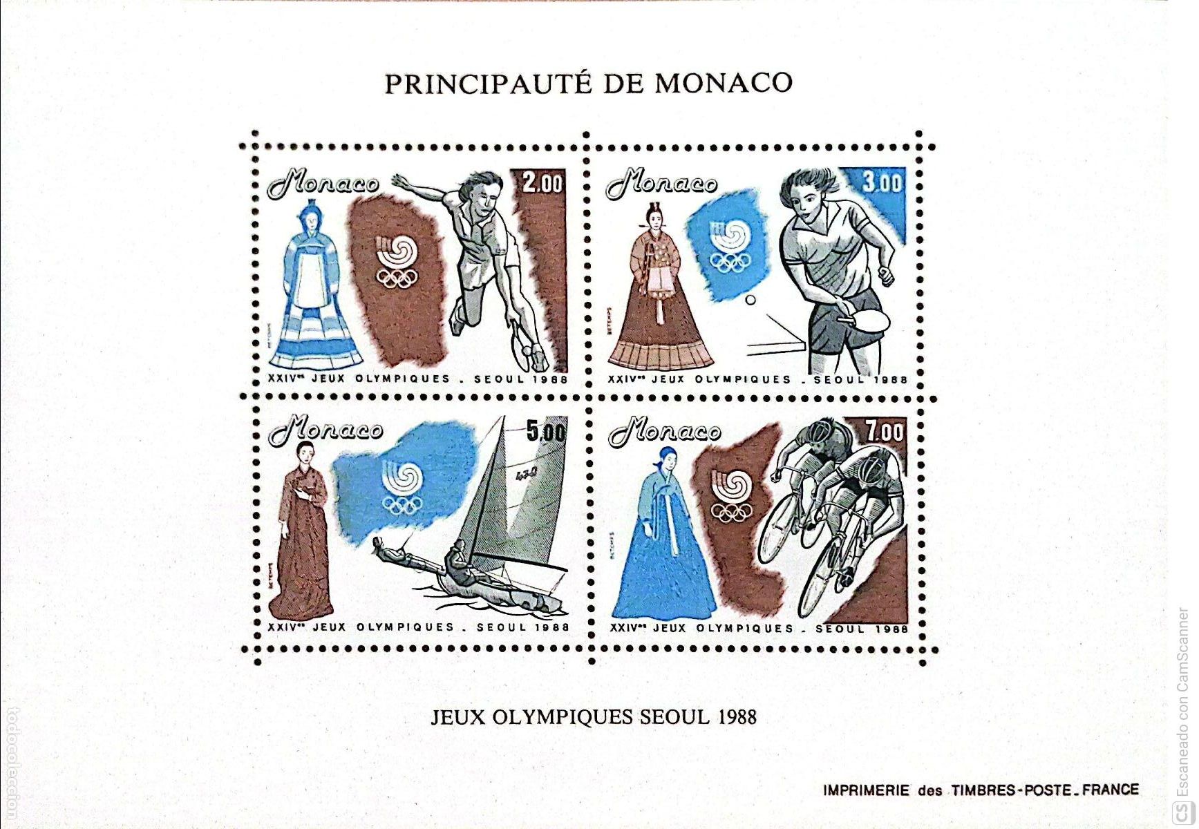 Sellos: M&oacute;naco. HB 42 JJ. OO. Seul'88: Tenis, vela, ciclismo. 1988. Sellos nuevos y numeraci&oacute;n Yvert.