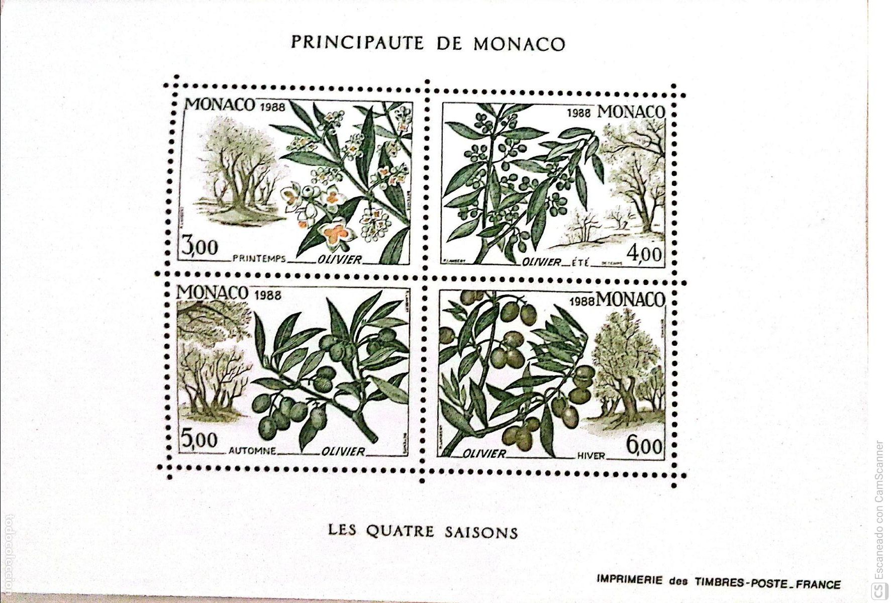 Sellos: Monaco. HB 43 Las cuatro estaciones del Olivo. 1988. Sellos nuevos y numeraci&oacute;n Yvert.