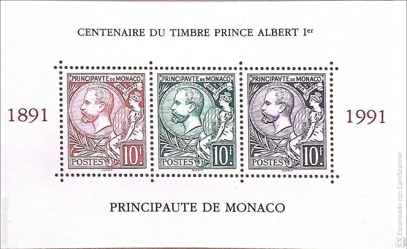 Sellos: Monaco. HB 53 Centenario de la emisi&oacute;n de la efigie del pPrincipe Albert I. 1991. Sellos nuevos y nu