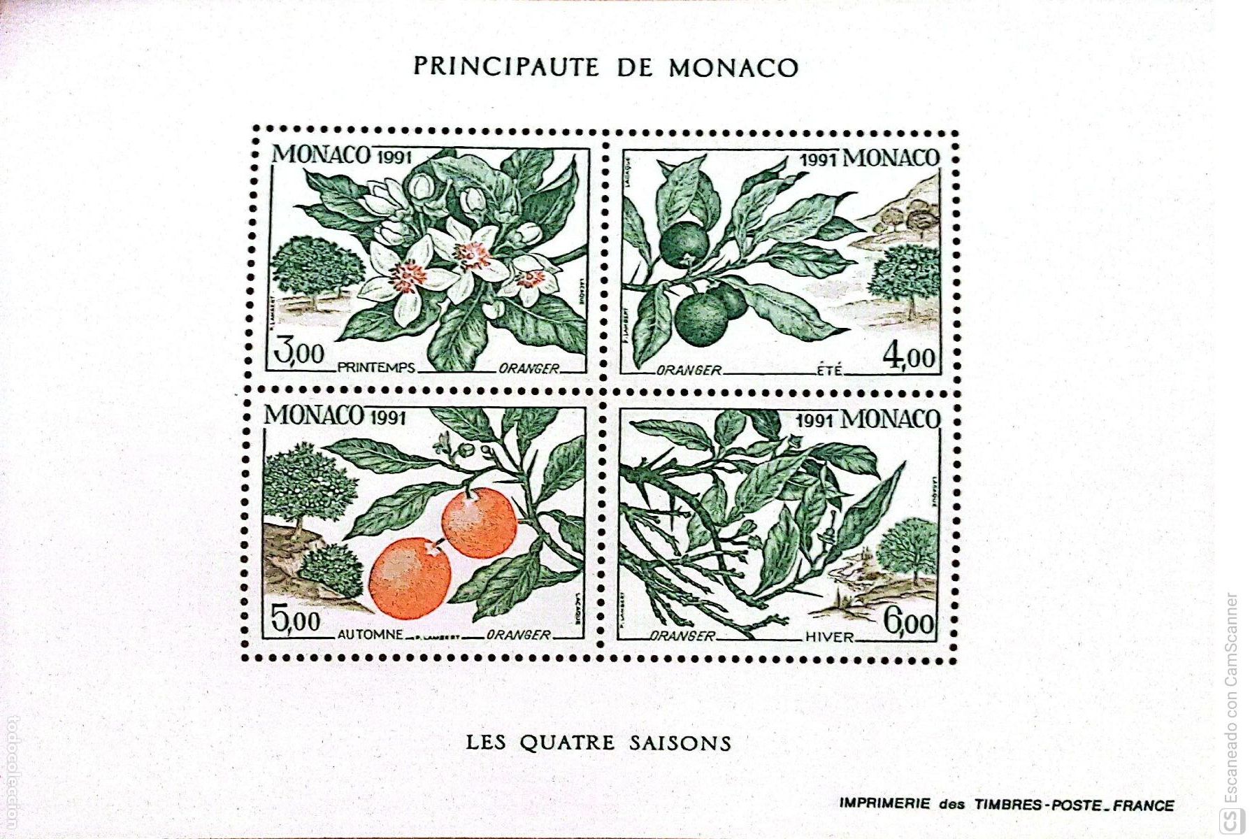 Sellos: Monaco. HB 54 Las cuatro estaciones del naranjo. 1991. Sellos nuevos y numeraci&oacute;n Yvert.