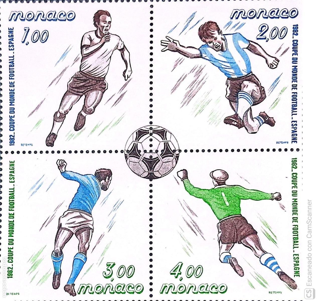 Sellos: M&oacute;naco. 1312/15 Copa mundial de f&uacute;tbol Espa&ntilde;a'82: Acciones de jugadores. 1982. Sellos nuevos y numer