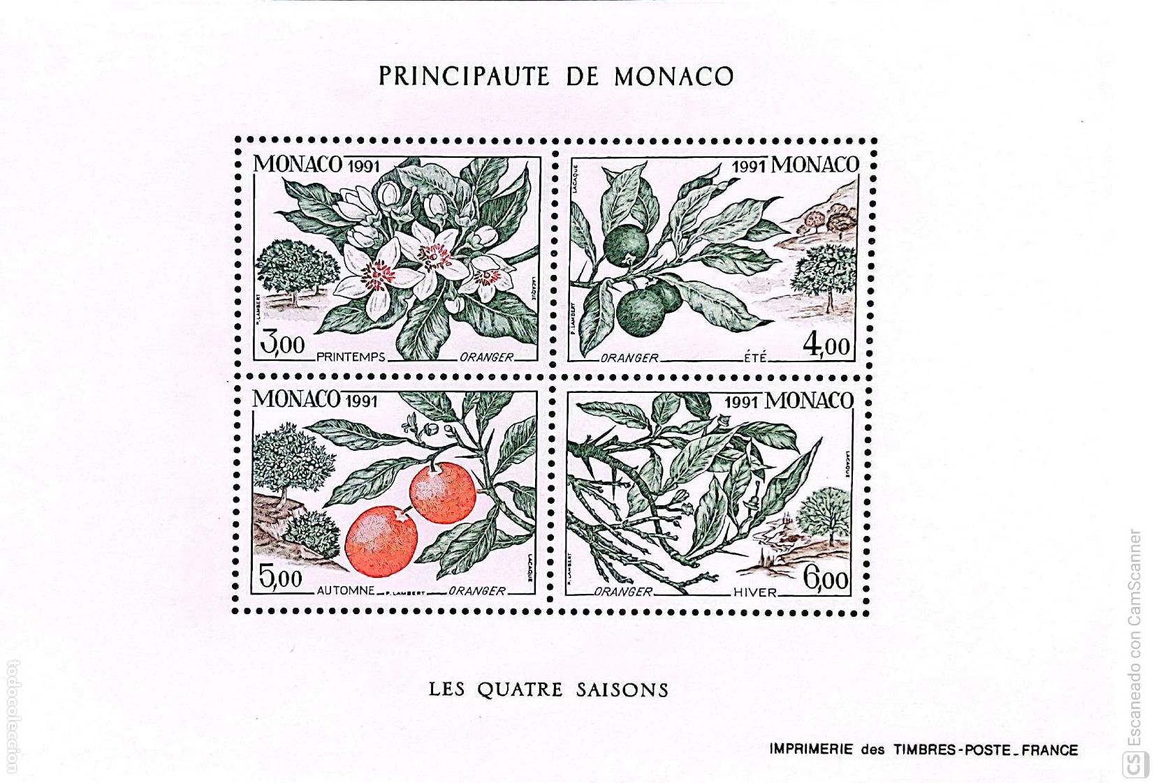 Sellos: Monaco. HB 54 Las cuatro estaciones del naranjo. 1991. Sellos nuevos y numeraci&oacute;n Yvert.
