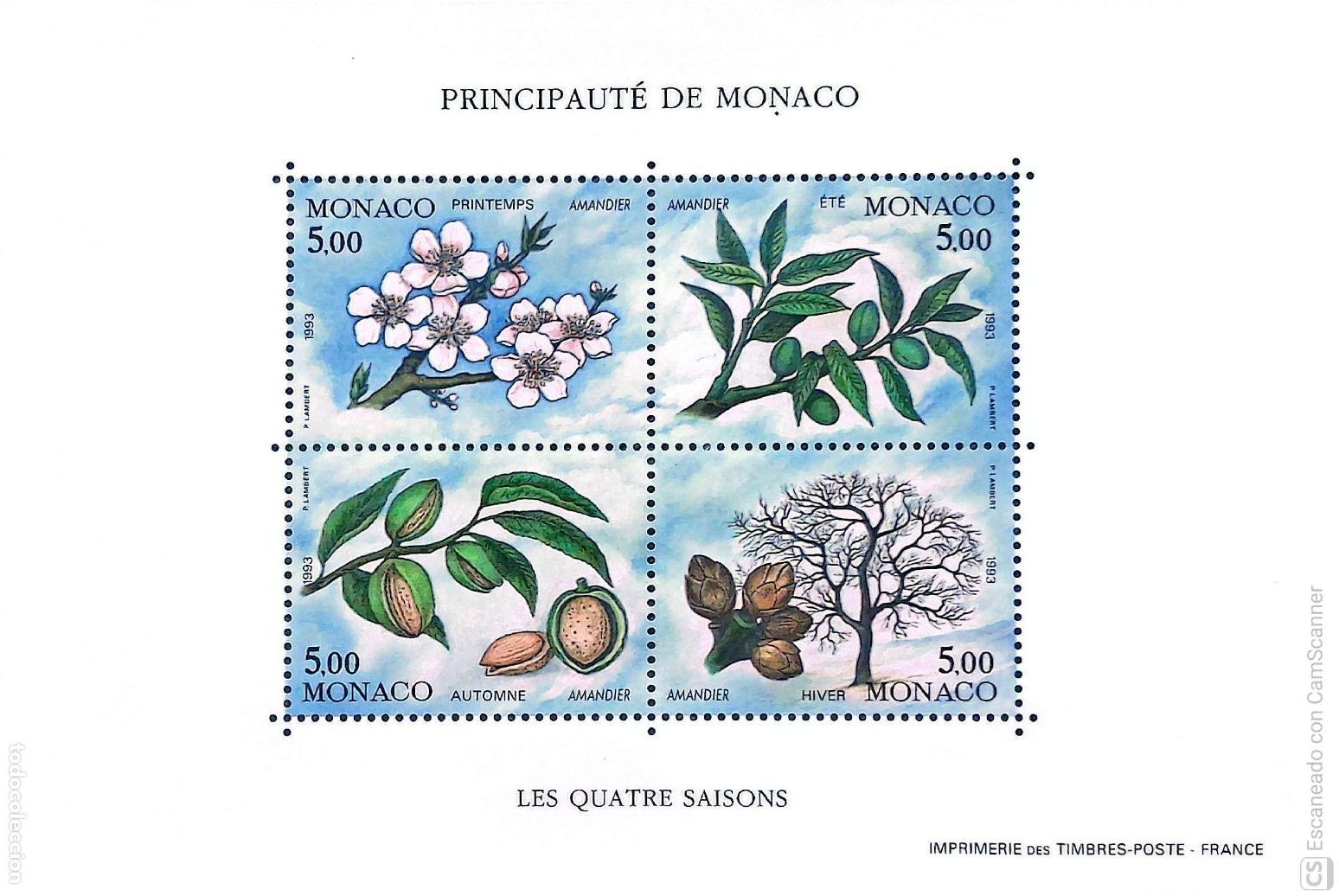 Sellos: M&oacute;naco. HB 60 Las cuatro estaciones del almendro. 1993. Sellos nuevos y numeraci&oacute;n Yvert.