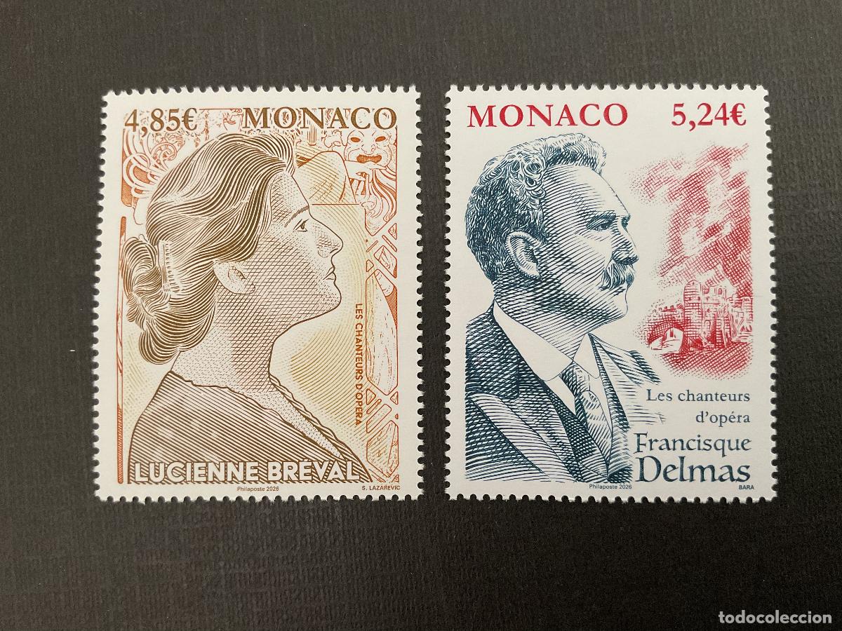 Sellos: MONACO A&Ntilde;O 2026. MUSICA. CANTANTES DE OPERA. LUCIENNE BREVAL Y FRANCISQUE DELMAS