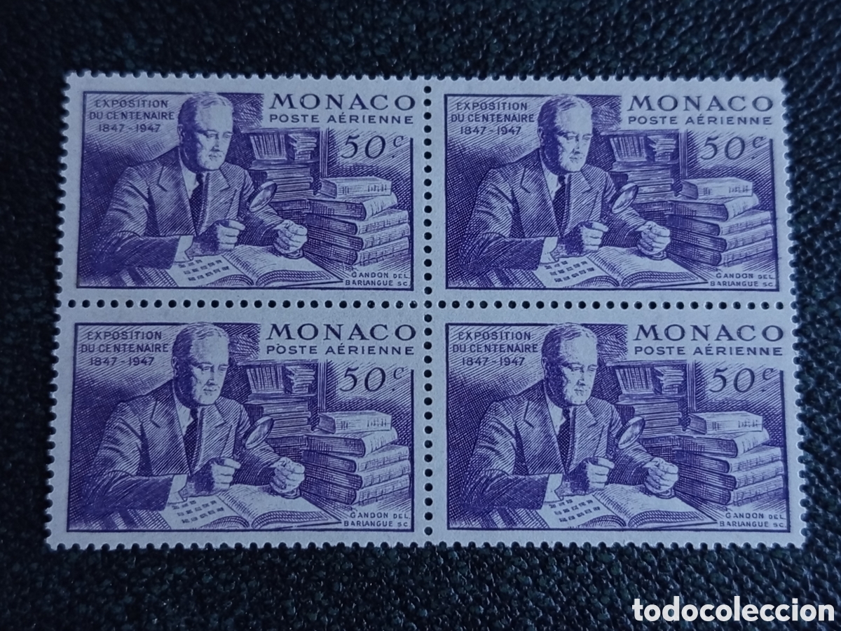 Sellos: Variedad M&oacute;naco 1947 Roosevelt Error 6 Dedos Bloque de 4 Nuevo MNH Correo A&eacute;reo 50c