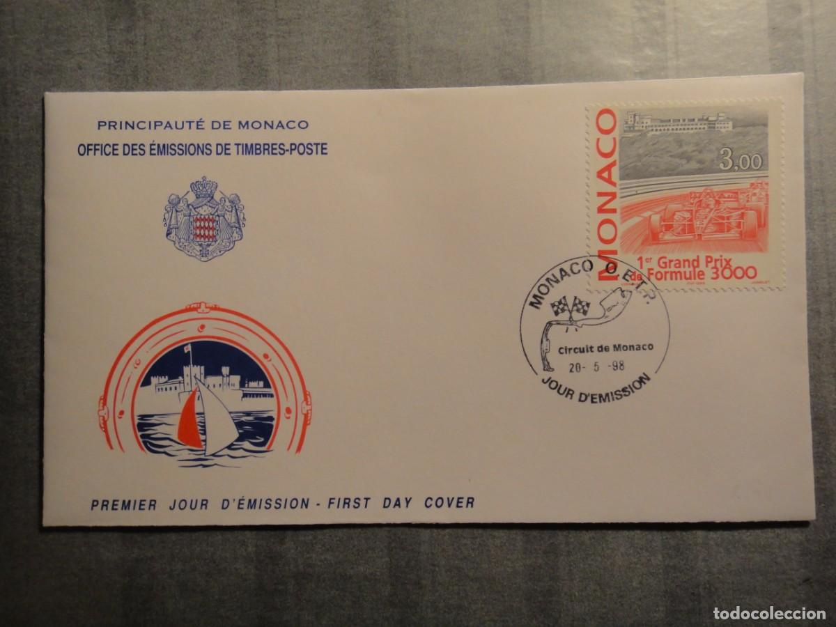 Stamps: M&oacute;naco, sobre 1&ordm; d&iacute;a, Gran Prix Formula 3000, Varsovia-Monte-Carlo a&ntilde;o 1998 ref, 102/2063