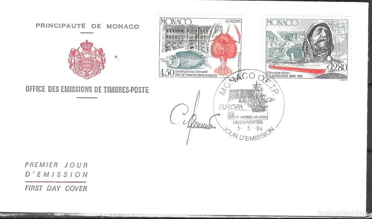 Sellos: FDC M&oacute;naco 1994 Europa CEPT - Pareja Completa Firmada por el Director JC Peugeot