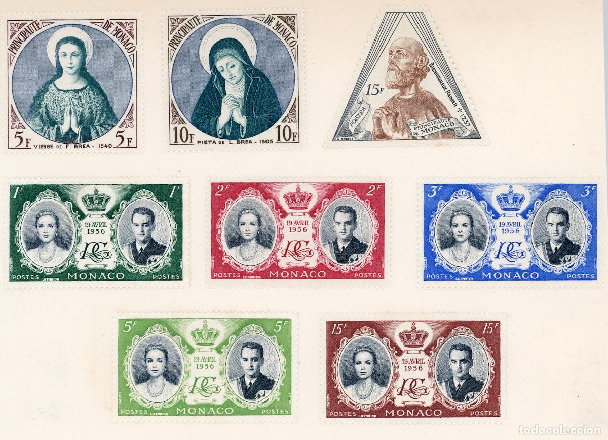 Sellos: Sellos de Monaco Boda Grace Kelly y Rainiero 1956, y sellos de tres Santos