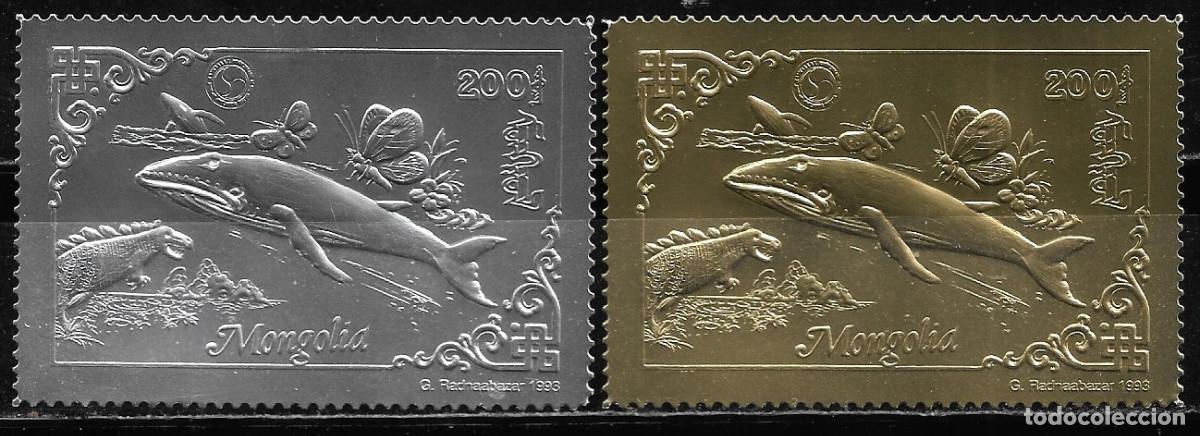 Sellos: MONGOLIA 1993, Mi. 2471/72 A - EN PLATO Y ORO - Ballena, Dinosaurios, Peces. MNH.