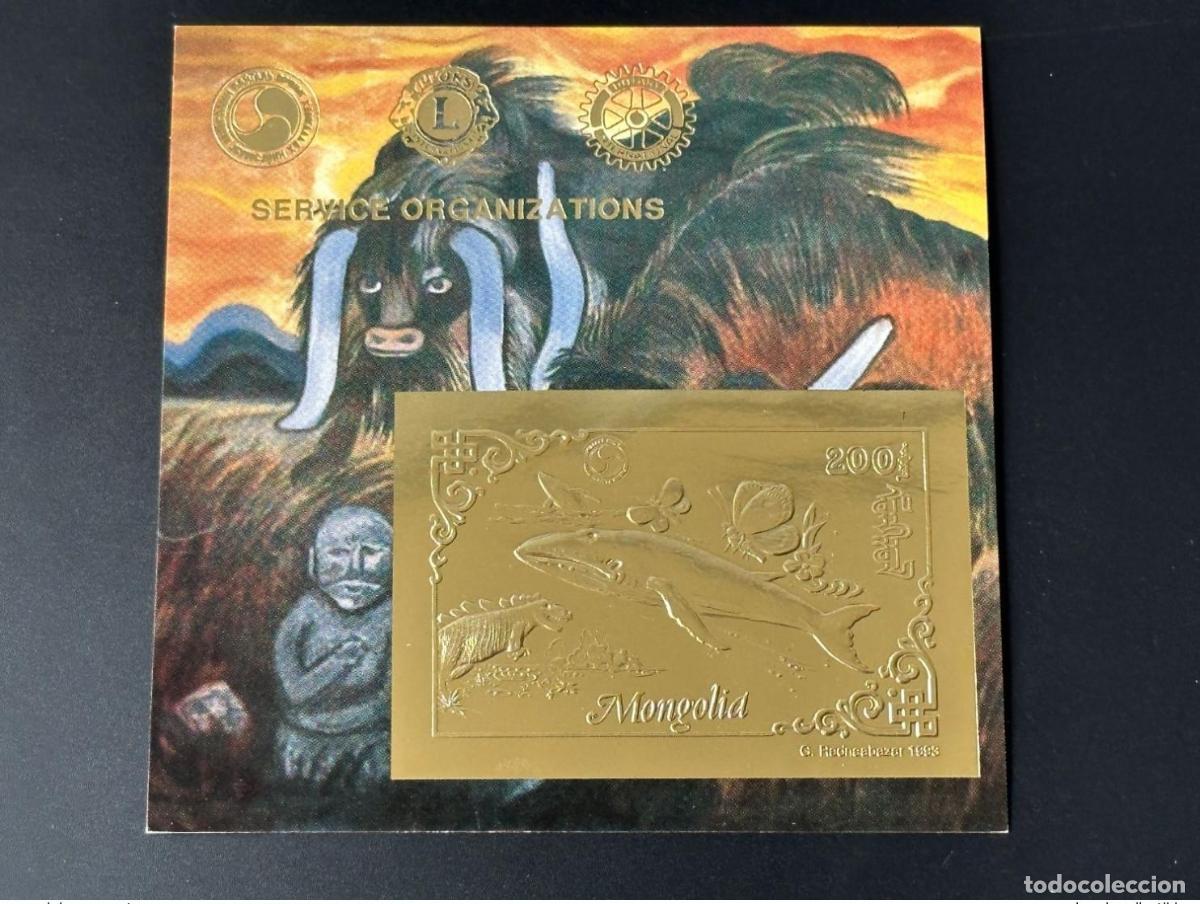 Sellos: Mongolia 1993 Mi. Bl. 222 Gold Rotary Lions Dinosaurio Ballena Mariposa