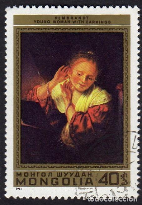 Sellos: Mongolia. Rembrandt. Mujer con pendientes.1981. YT-1132. usado