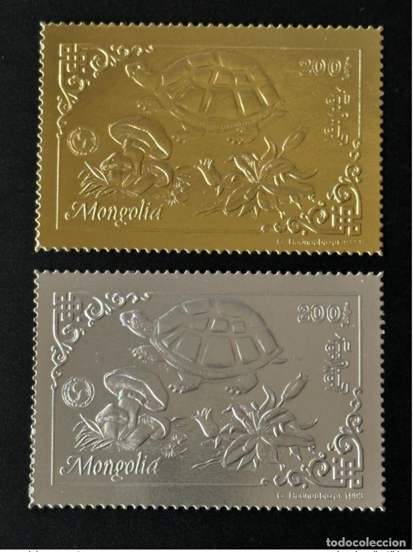 Sellos: Mongolia 1993 Mi. 2477 - 2478 Un hongo con forma de flor tortuga TOPEX '93 dorado y plateado