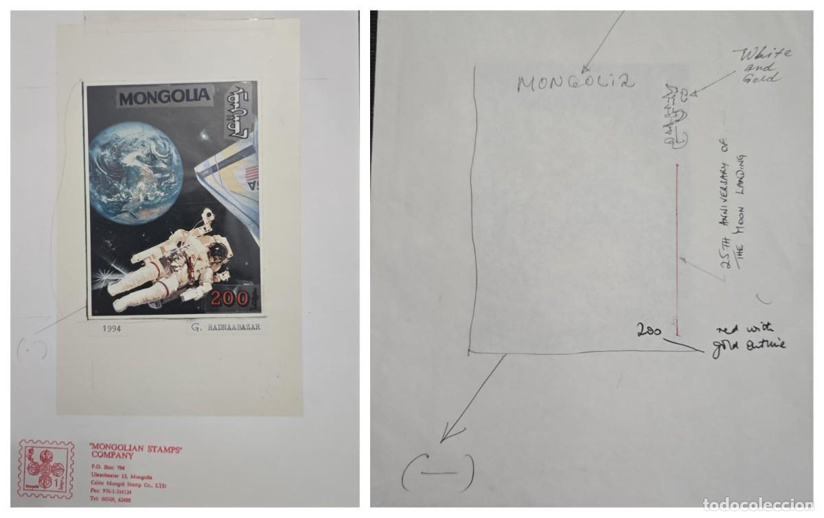 Sellos: O) 1994 MONGOLIA, ARTWORK, SPACE, ASTRONAUT, SHUTTLE, FIRST MANNED MOON LANDING, ORIGINAL SIGNATURE