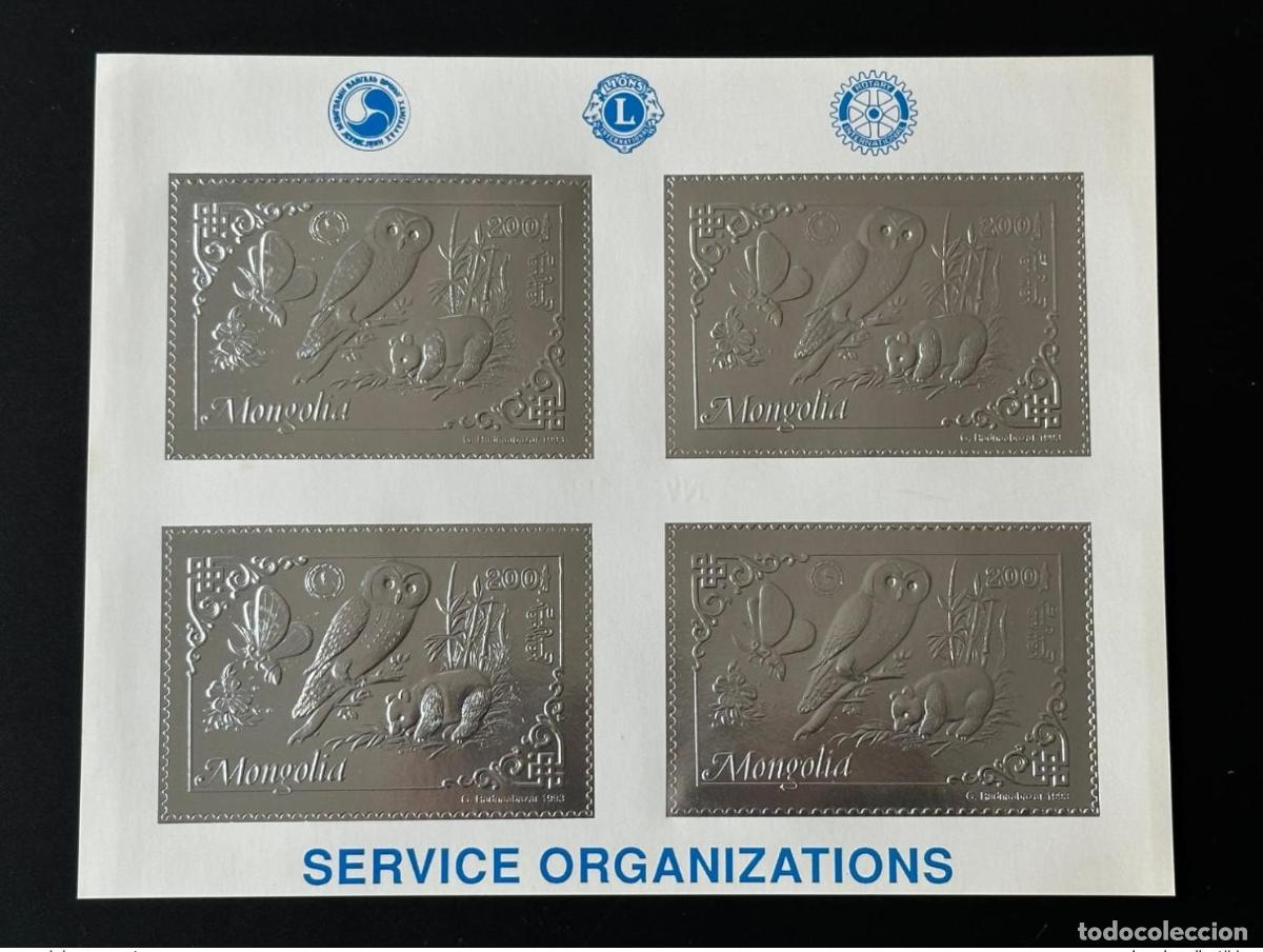 Sellos: Mongolia 1993 Mi. 2476 A Klb M/S Silver Rotary Lions Panda Butterfly Owl