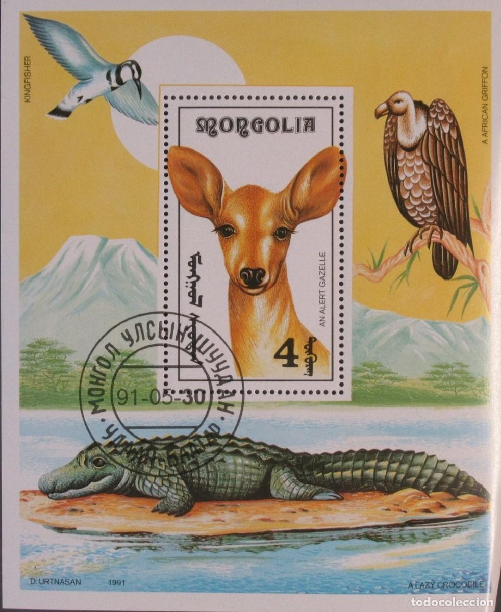 Sellos: MONGOLIA 1991 SHEET USED MNH FAUNA AVES BIRDS BUITRES VULTURES GEIERN COCODRILOS CROCODILES GACELAS
