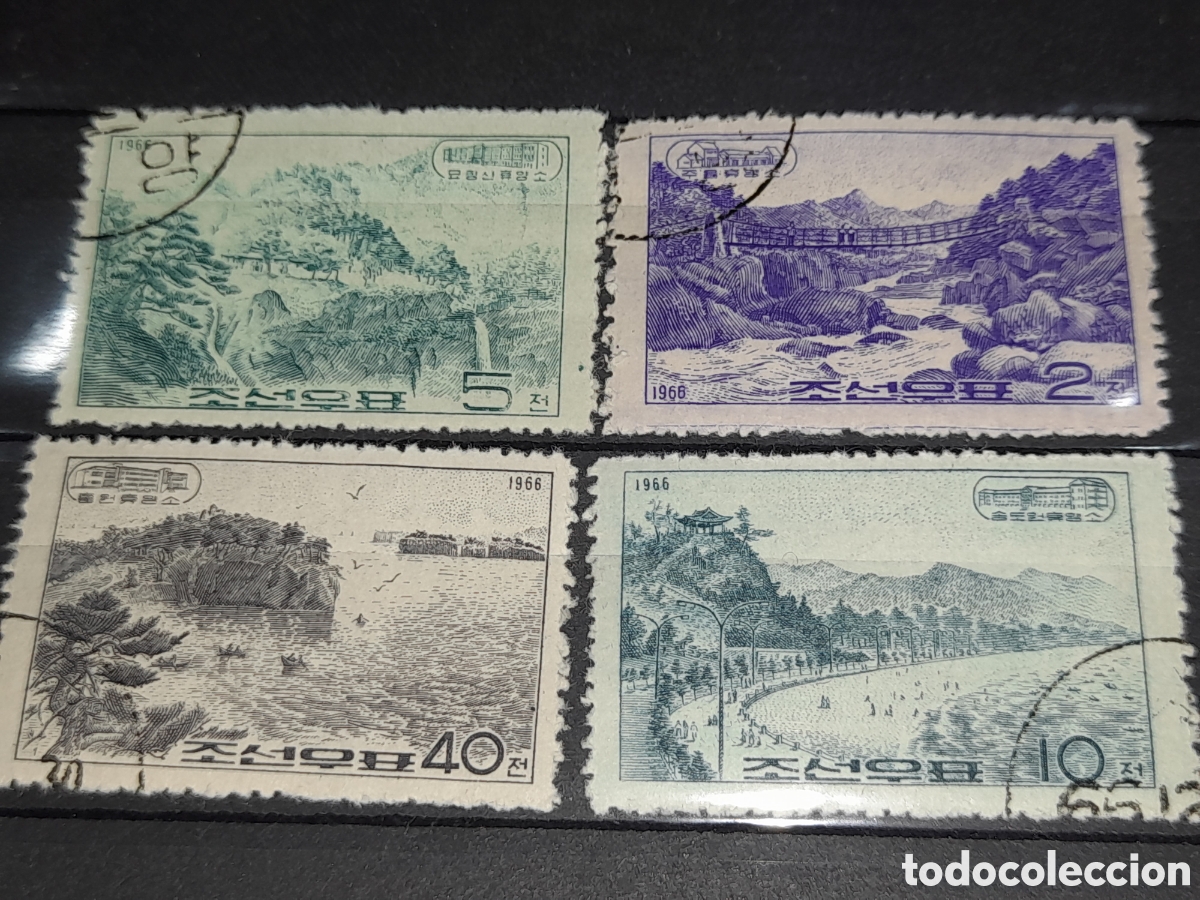 Sellos: Sello Corea Norte mtdo 1966. Sanatorio. Natiraleza. Puente. Vistas. R&iacute;os. Monta&ntilde;as. Salud mental.