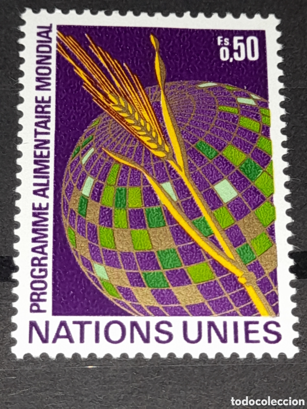 Timbres: Sello N. Unidas, Ginebra nuevo 1971. Programa mundial alimento. F.A.O. Globo terr&aacute;queo. Espiga. Trig