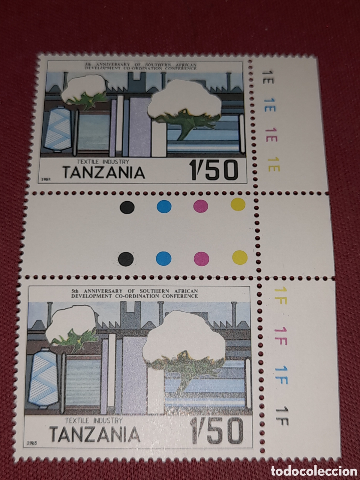 Sellos: Sello Tanzania nuevo 1985. Industria textil. Algodon. Plantas. Desarrollo. Frabicas. Flora. Naturale