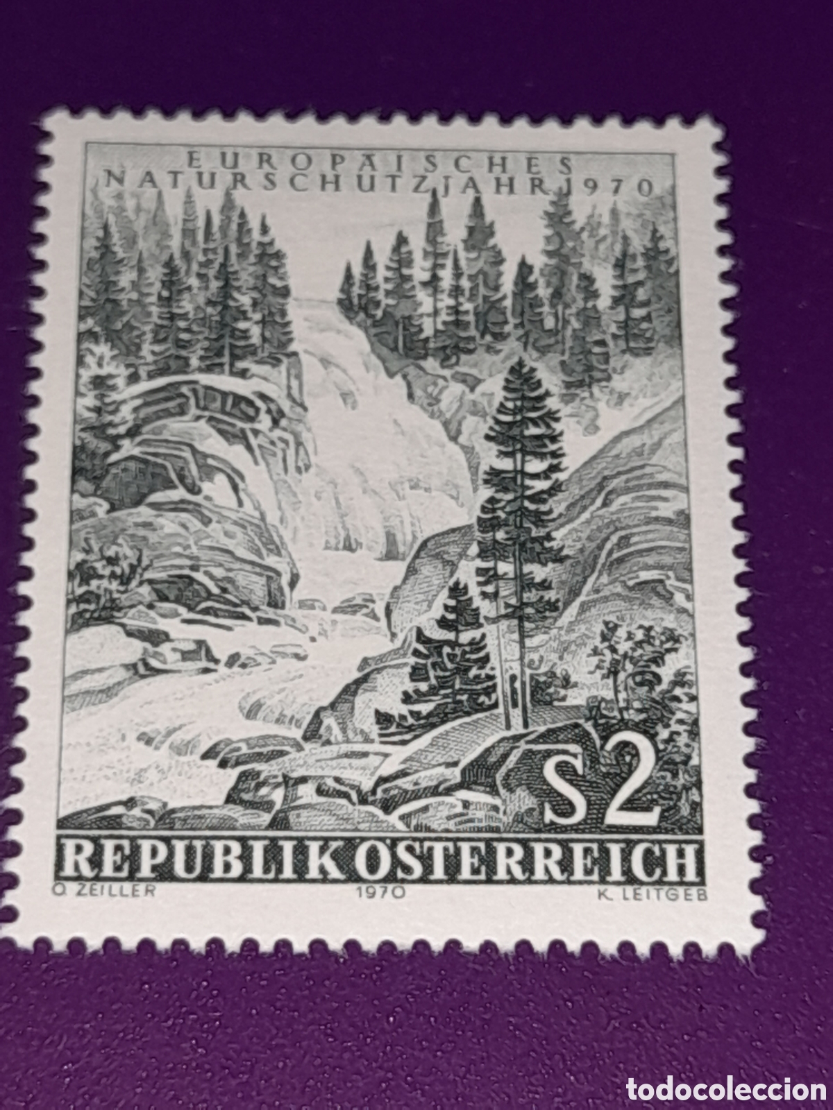 Sellos: Sello Austria nuevo 1970. A&ntilde;o europeo conservaci&oacute;n naturaleza. Cascada. &Aacute;rboles. Flora. Bosque. Pino