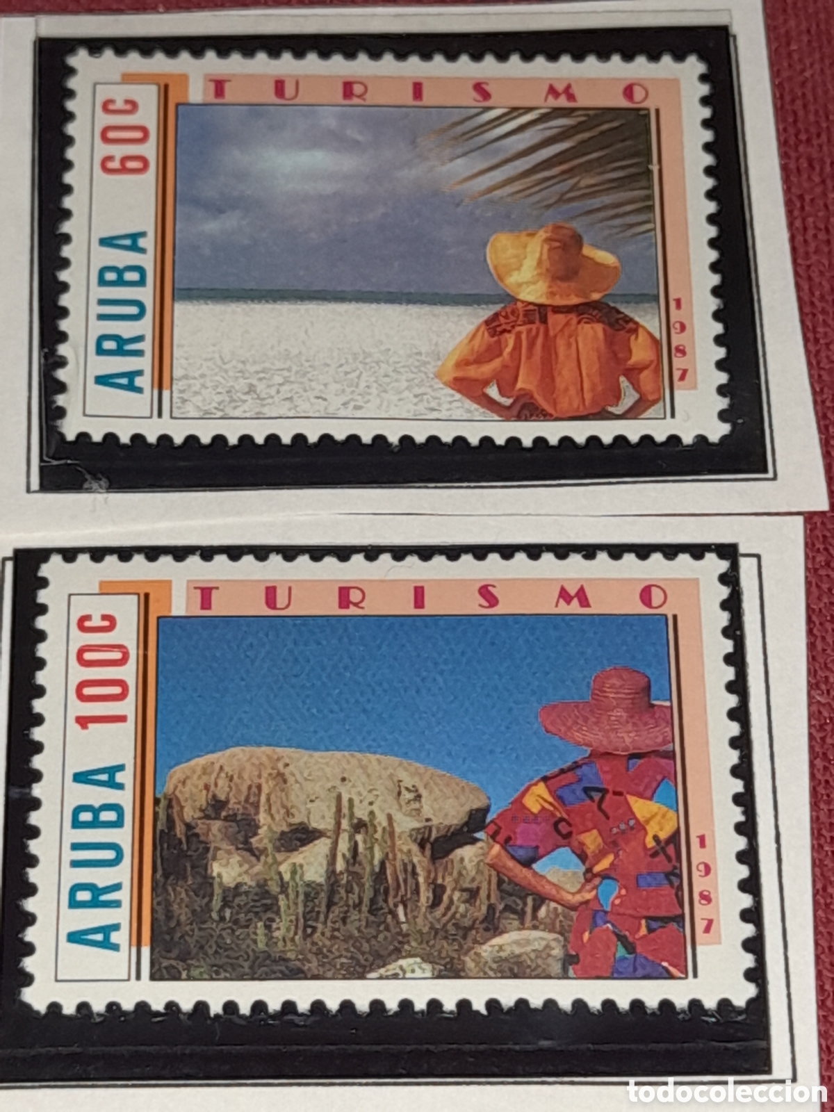 Sellos: Sello Aruba nuevo 1987. Turismo. Playa. Costa. Naturaleza. Roca. Cactus. Palmera.