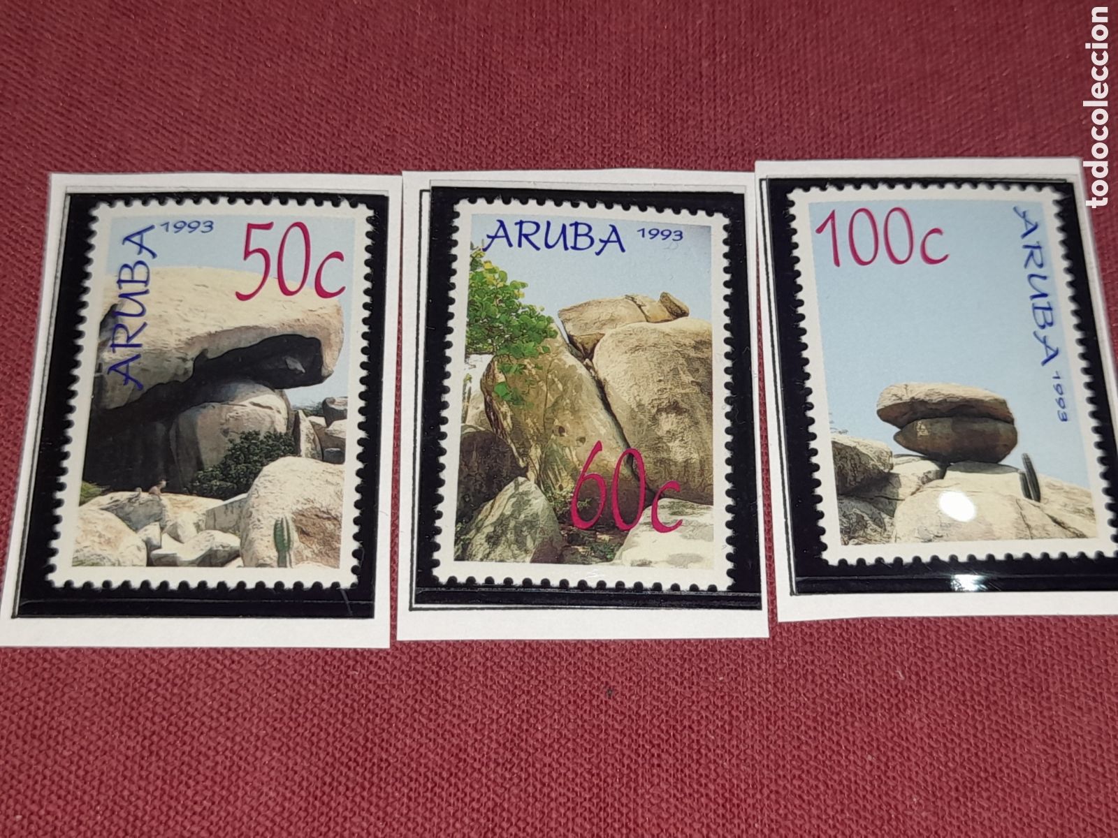 Timbres: Sello Aruba nuevo 1991. Formaciones rocas Ayo y Casiba. Naturaleza. Geolog&iacute;a. Monta&ntilde;as. Cactus. Flor
