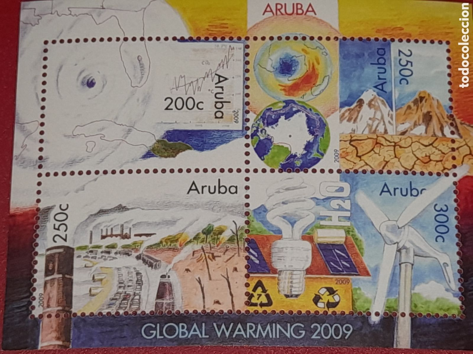 Sellos: HB Aruba nuevo 2009. Lucha contra calentamiento global. Cartograf&iacute;a. Contaminaci&oacute;n. Molino. Ozono. G