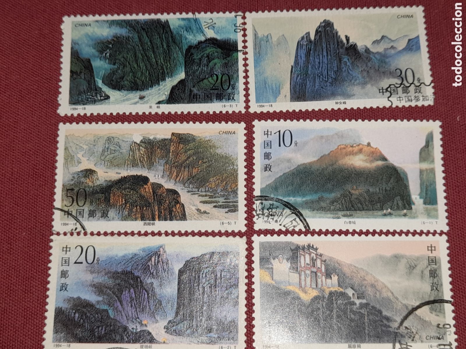 Sellos: Sello China mtdo 1994. Gargantas r&iacute;o Yangtse. Monta&ntilde;as. Naturaleza. Acantilados. Cascada. Templo.