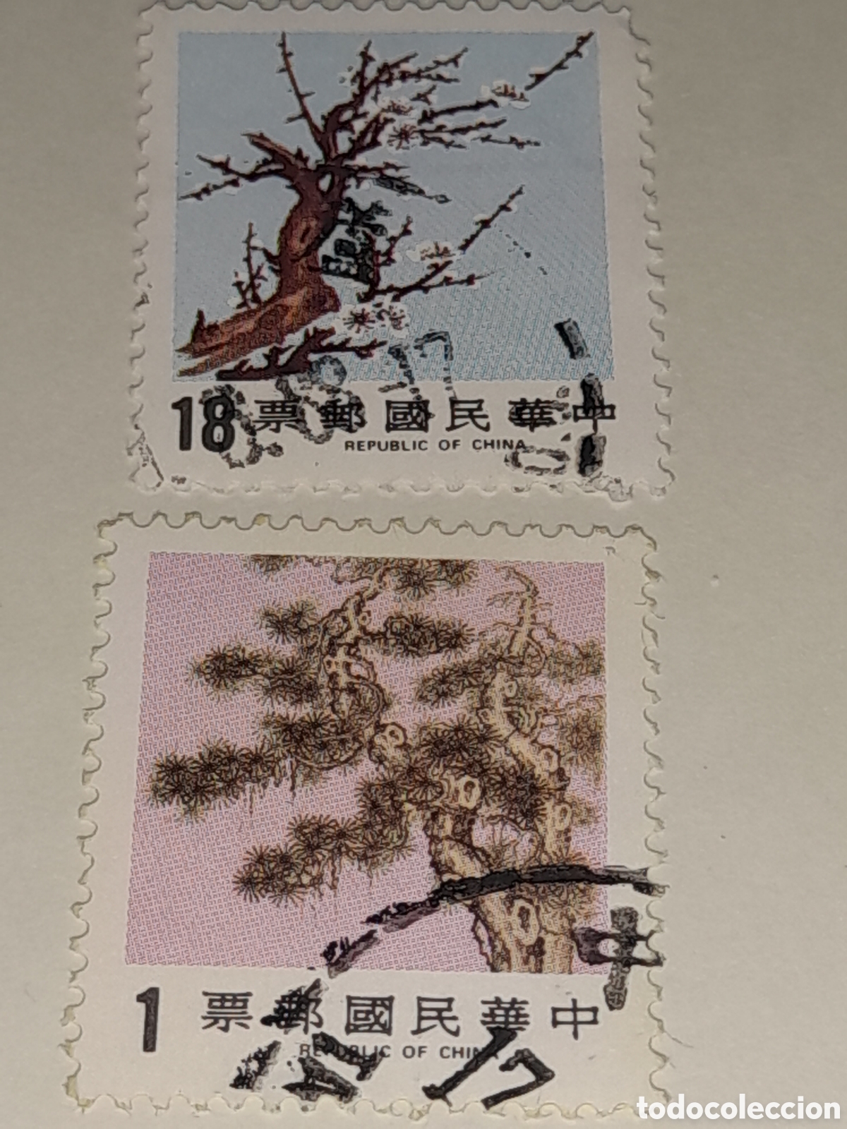 Sellos: Sello (2/3v) Taiwan, China mtdo 1986. 3 amigos invierno. &Aacute;rboles. Naturaleza. Pino. Flores ciruelo