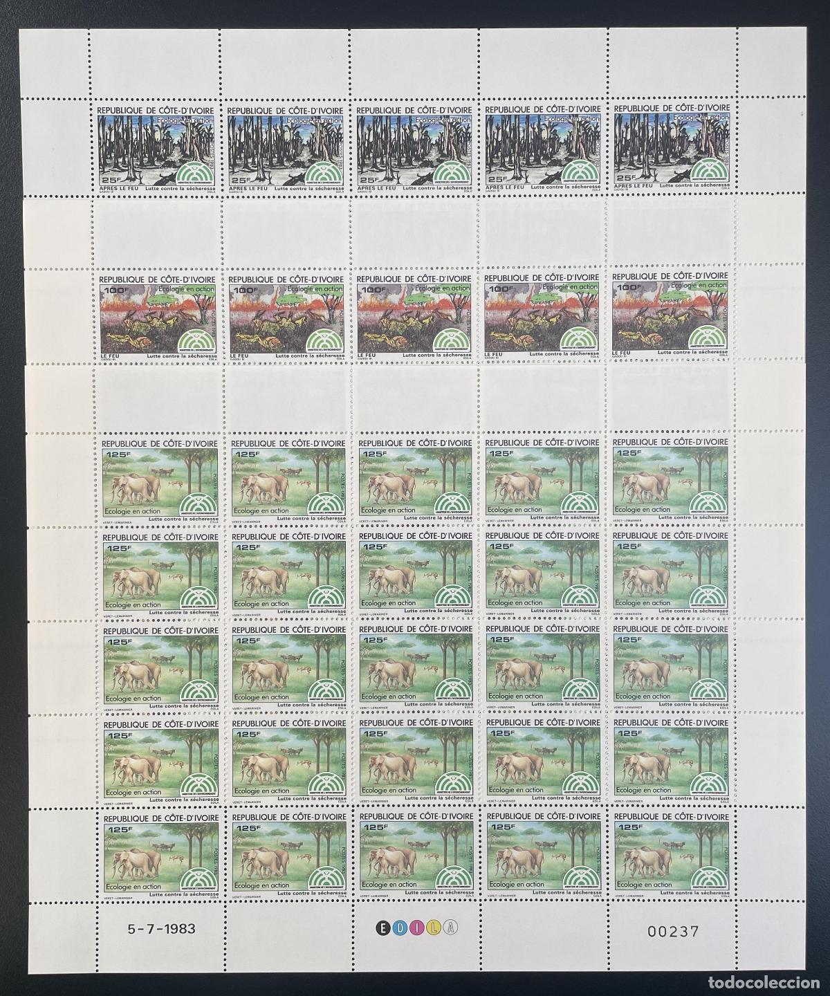 Stamps: Costa de Marfil 1983 YT 667-669 tabl&oacute;n ecolog&iacute;a acci&oacute;n fauna elefantes bosque