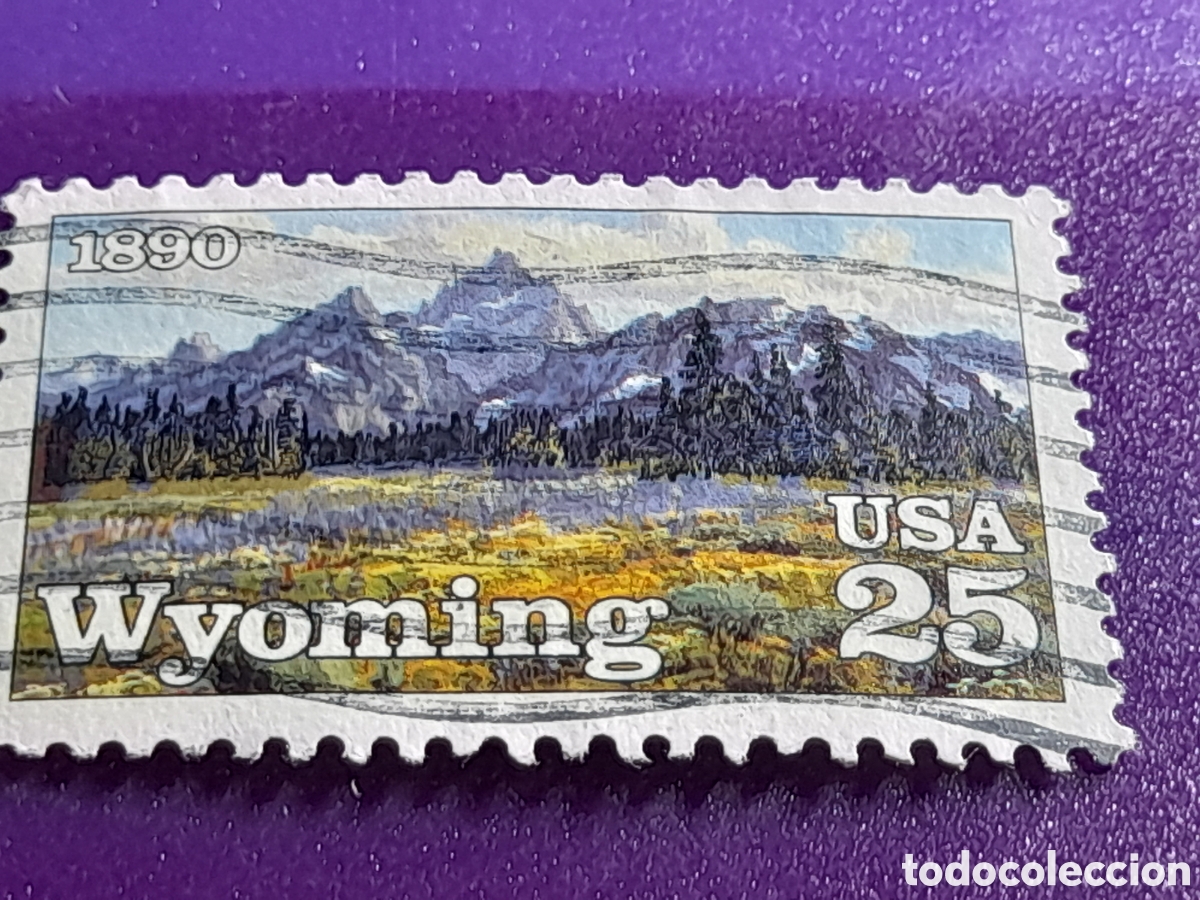 Sellos: Sello Estados Unidos mtdo/udo 1989. 100Aniv estado Wyoming. Naturaleza. Monta&ntilde;as. Vistas.